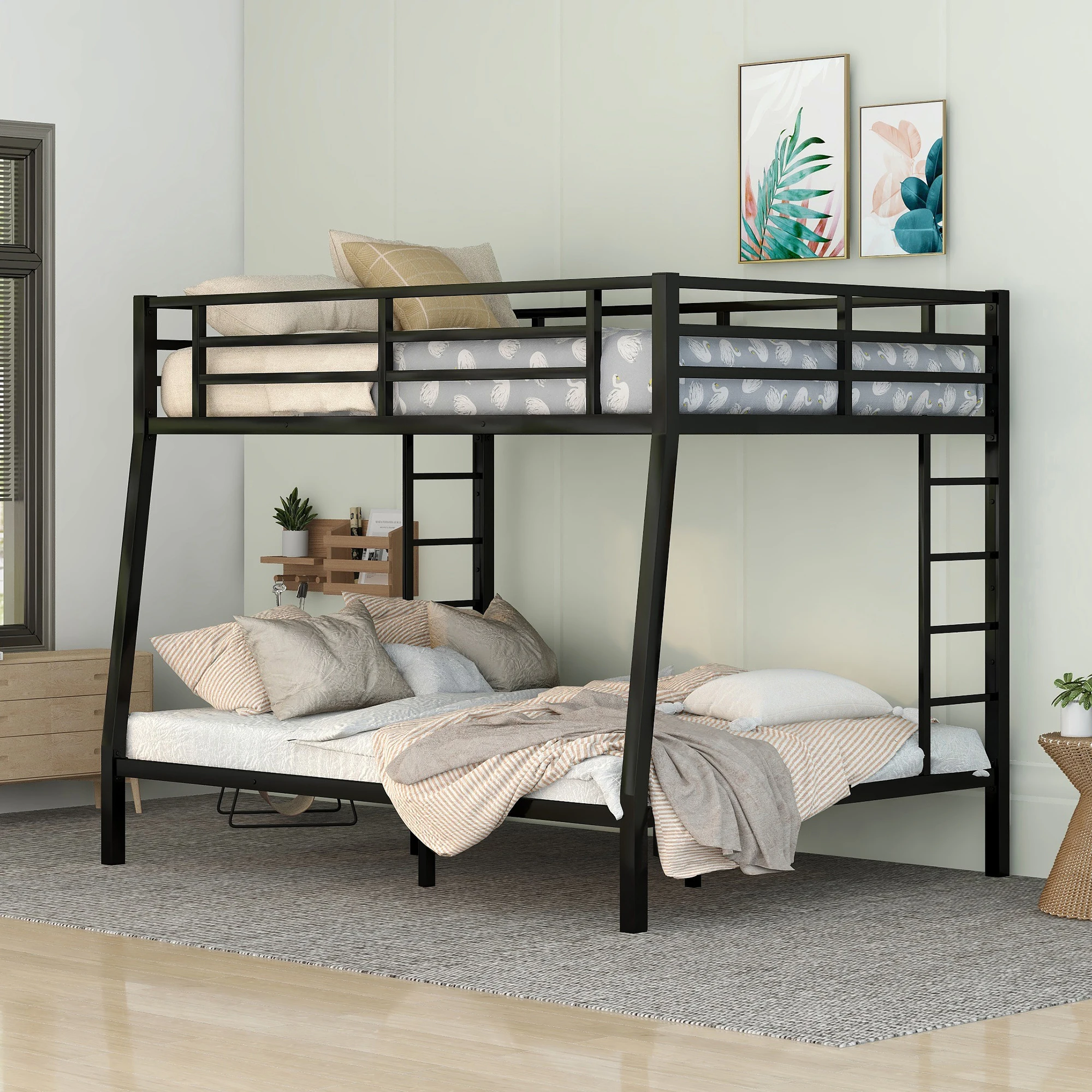 Metal Full XL over Queen Bunk Bed, Space-Saving Design, Noise Reduction, No Box Spring Needed, Black  82.7x56.7x65 in.