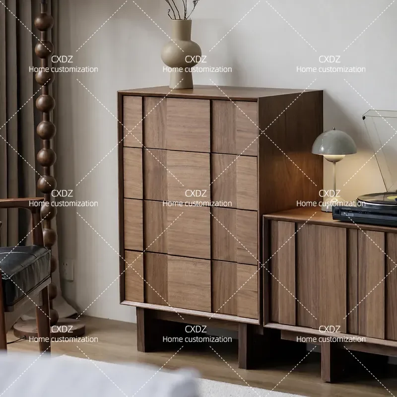 Solid Wood Chest of Drawers Simple Modern Black Walnut Storage Cabinet Drawer Unit for Living Room Bedroom Side Table
