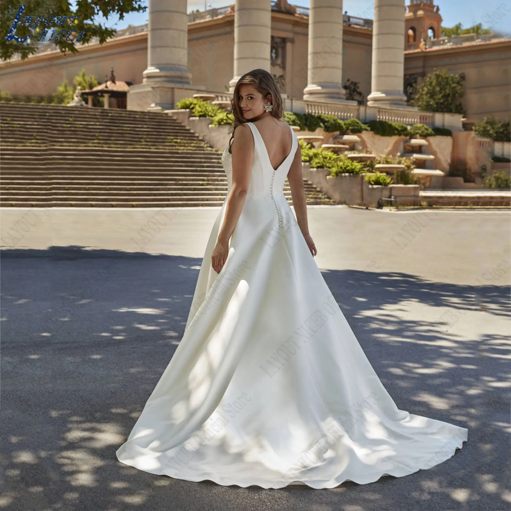 LAYOUT NICEB Simple Satin A-Line Wedding Gown Plus Size V-Neck Bride Dress Backless Sleeveless Buttons vestidos novias boda 2024