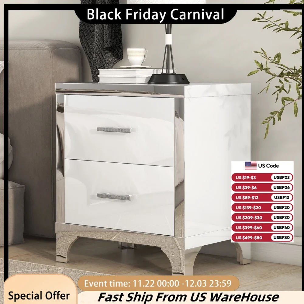 Nightstand with 2 Drawers and Metal Legs&Handles Elegant High Gloss Nightstand  Mirrored Bedside Table for Bedroom,Living Room