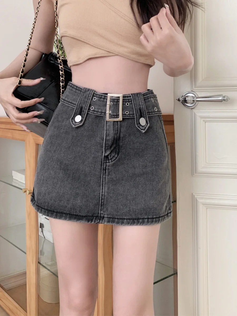 Dżinsowa spódnica z wysokim stanem damska, dopasowana, w kształcie litery A, krótka spódnica, koreański styl, do pracy, jednolity kolor, nowość na lato.