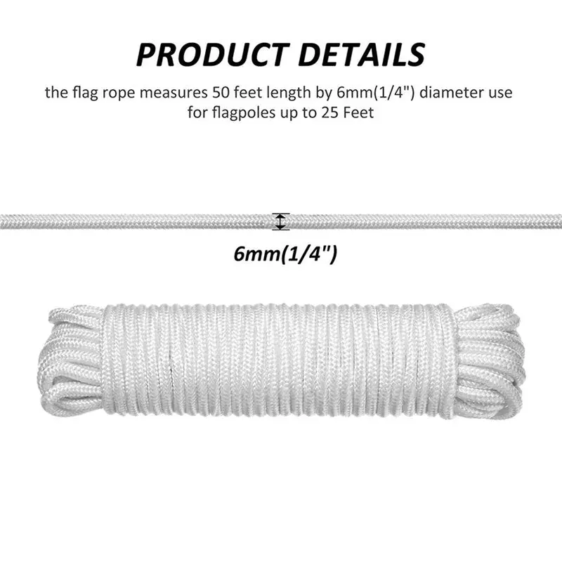 YLS-50 Feet X 1/4Inch Flag Pole Halyard Rope With 12 Pieces Flag Pole Hook Clips,Outdoor Flagpole Accessories Compatible