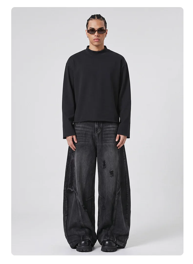 Personalized LOGO custom 350G cotton men's BOXY short and wide half-high neck long-sleeved hem burr sweater