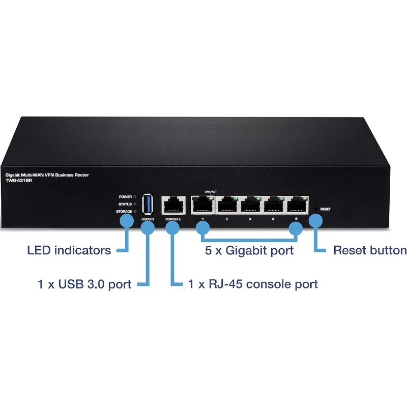 جهاز توجيه Gigabit Multi-WAN VPN Business، TWG-431BR، 5 منافذ جيجابت، 1 × منفذ وحدة التحكم، QoS، توجيه Inter-VLAN، ديناميكي