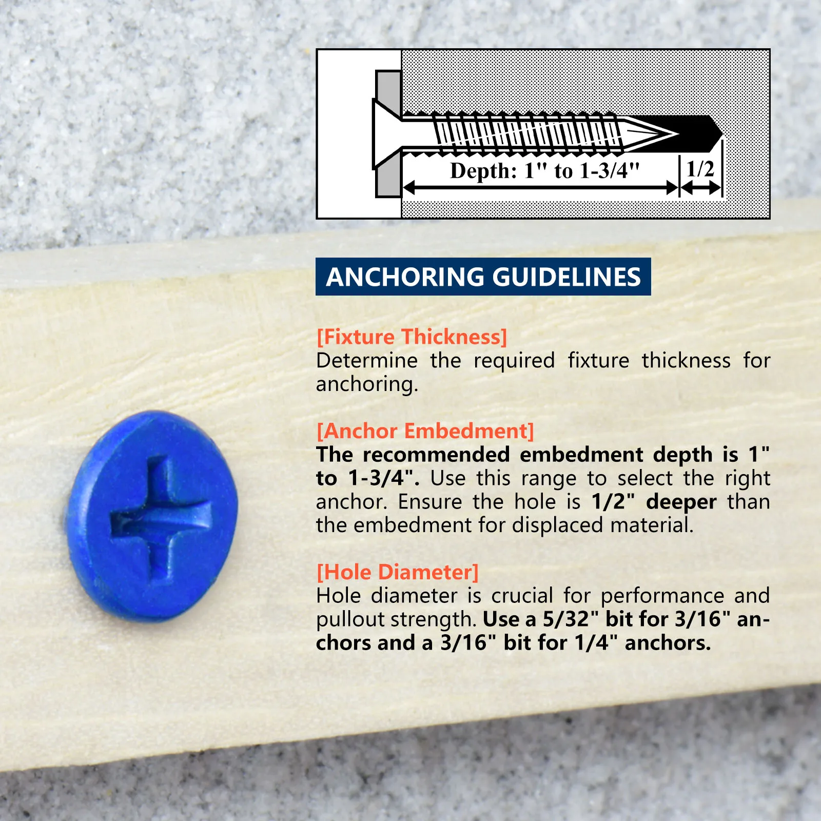 3/16" or 1/4" Concrete Screw Anchor Blue Flat Head Screws for Masonry Brick Block Cement Stucco (Boxed with Drill Bit) image 5