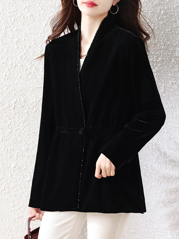 Fashionable Velvet Jacket Open Front Pearl Embellished Loose Top Women's Autumn 2026 Brand New Style Versatile Polyester Fiber
