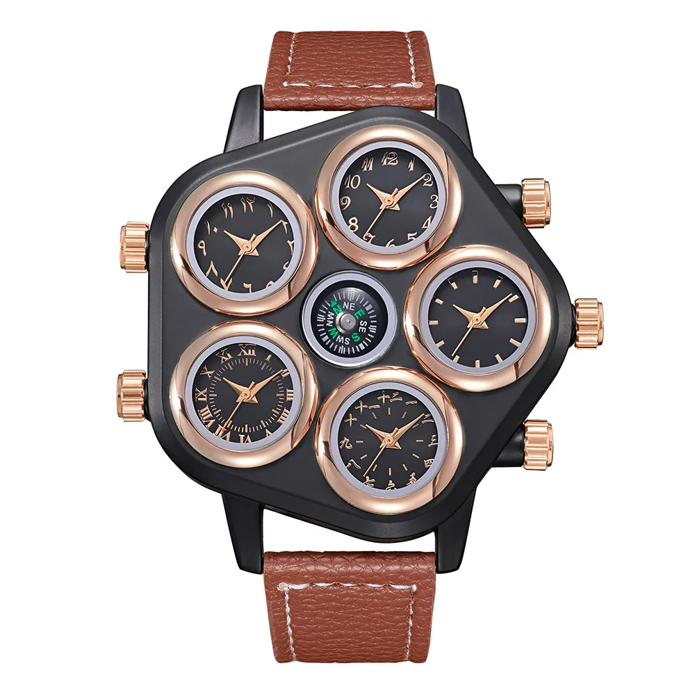 OULM Brand New Men's Big Watch Five Time Zone Punk Quartz Leather Watch Foreign Trade Individual Fashion Style Drop Shipping