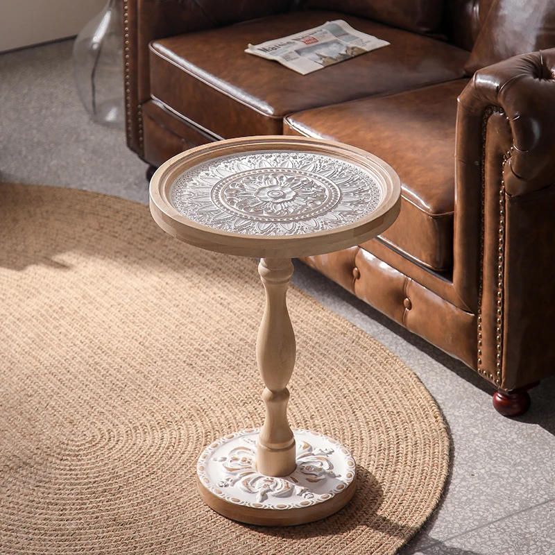 French Retro Sofa Edge with Few Carved Solid Wood Medieval Corners, Few Glass Coffee Table for Leisure.