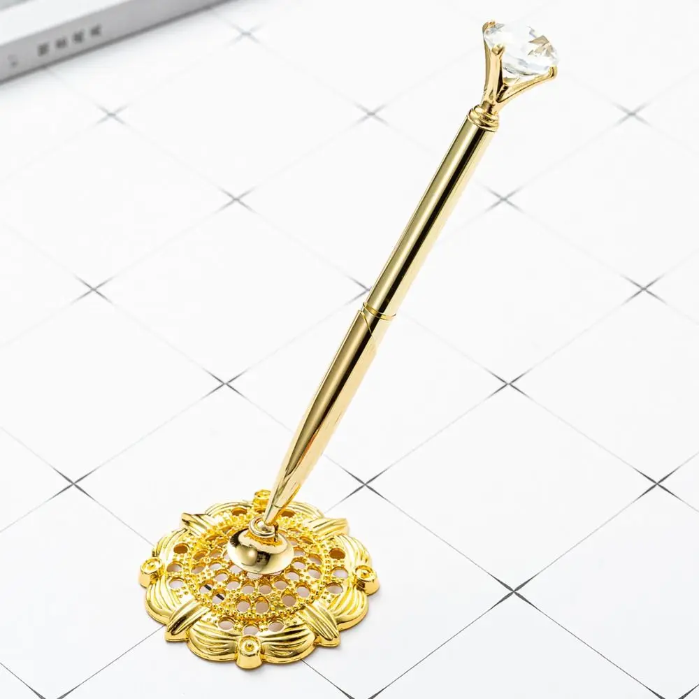 Attached Base Signing Diamond Pen Smooth Writing Wedding Decor Reception Desk Pen Table Decor Antique Metal Pen Stand Holder