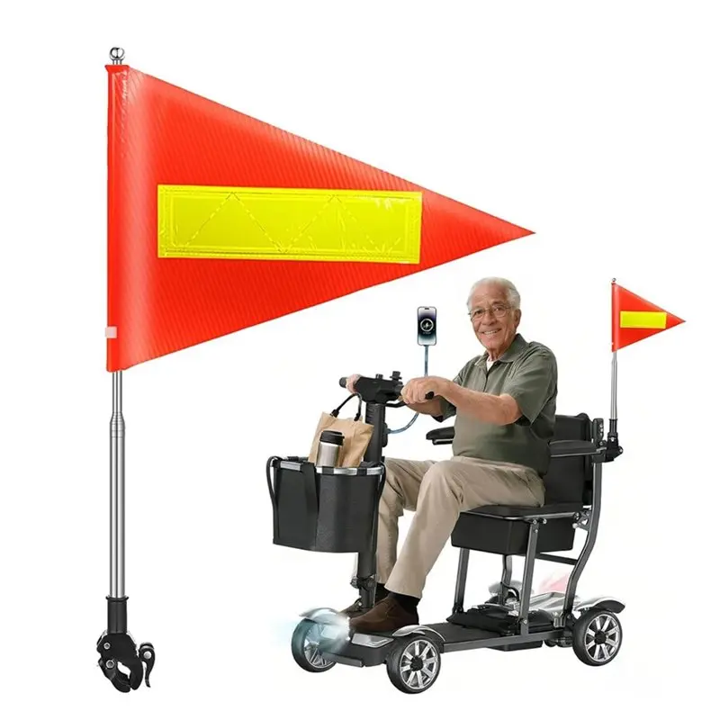 [NEW!A25P】 Orange Warning Flag With Reflective Strip And Retractable Pole(5.3 Feet) Safety Flag For Mobility