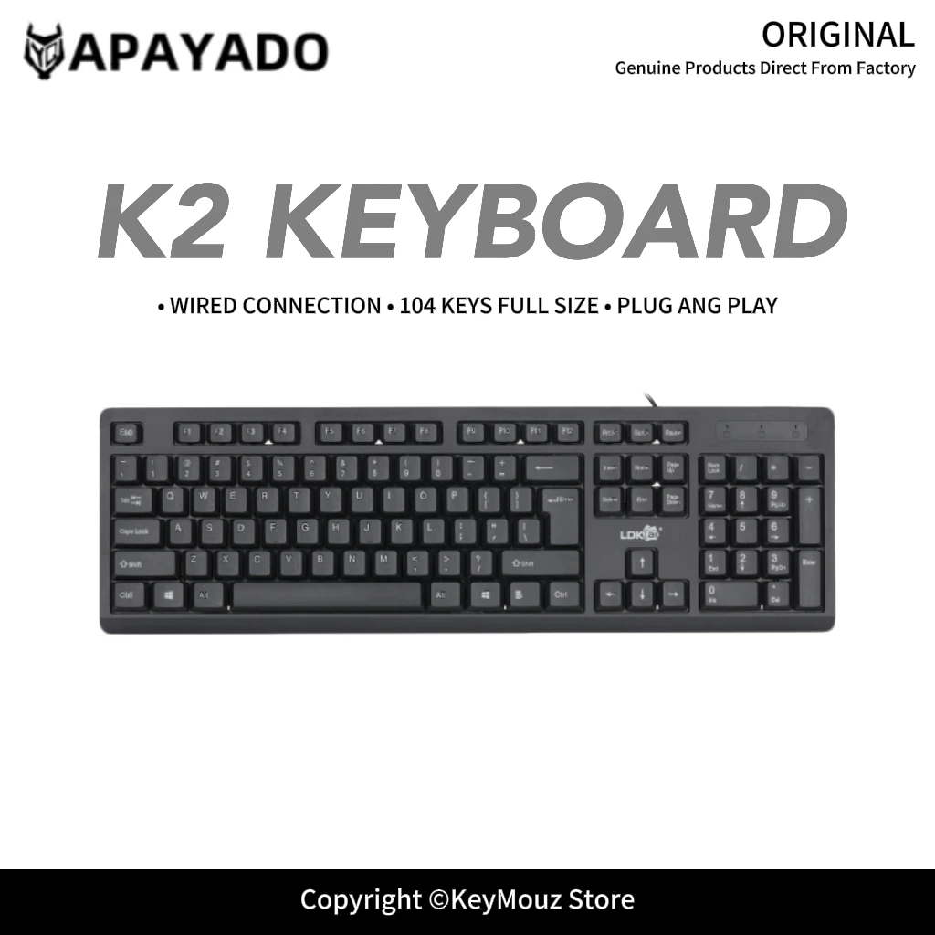 Teclado para jogos com fio K2 USB, 104 teclas, tamanho normal, plug and play, não requer instalação de drivers, ideal para escritório, computador de m