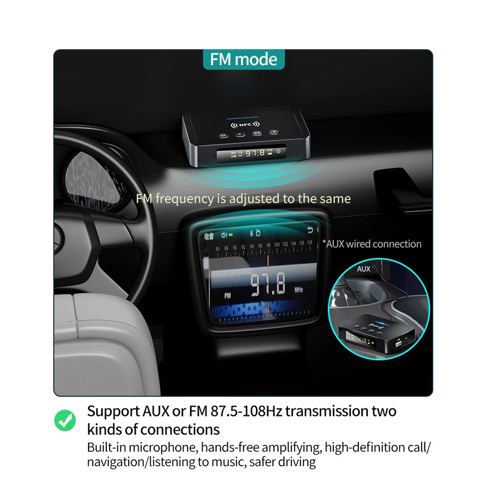 NFC USB Bluetooth 5.0 ตัวรับสัญญาณอะแดปเตอร์ 3 ใน 1 พร้อมจอแสดงผลดิจิตอล LED