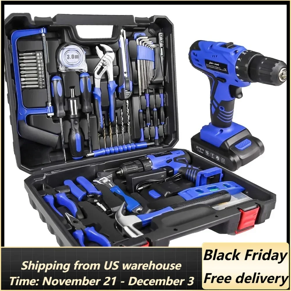 21V Tool Set with Drill, 350 in-lb Torque, 0-1350RMP Variable Speed, 10MM 3/8'' Keyless Chuck, 18+1 Clutch, 1.5Ah Li-Ion