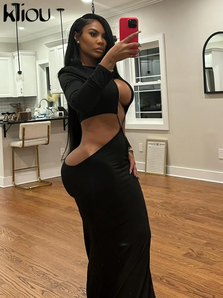 kliou Sexy Hot Decolleté Vrouwen Jurk Effen Mode Unieke Holle Volledige Mouw Tailleless Cross Bodycon Vrouwelijke Coquette Club Japon
