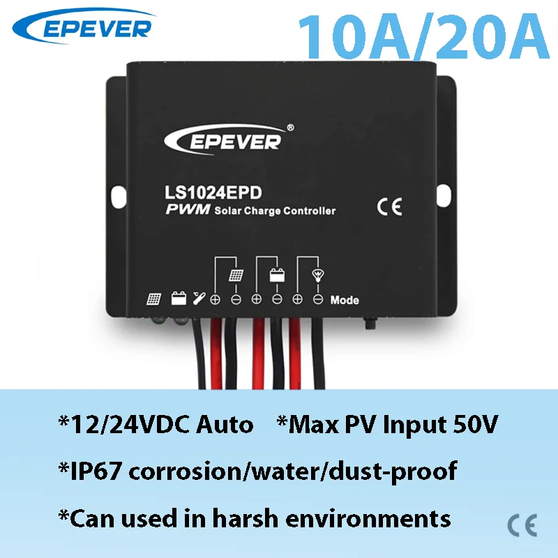 EPEVER 10A20A 12V24V PWM Solar Charge Controller For Solar Lights Outdoor Camping Waterproof Solar Panel Regulator IP67