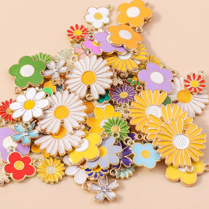 10pcs 9 Styles Mix Color Metal Drop Oil Colorful Flower Charms Plant Daisy Pendant for DIY Bracelet Necklace Jewelry Making