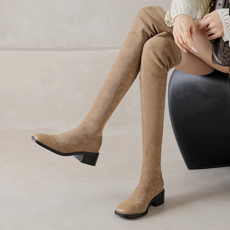 2024 Women Over-the-Knee Long Boots Square Toe Thick High Heels Zipper 2025 Boots Ladies Fashion Shoes Winter Black Camel 40