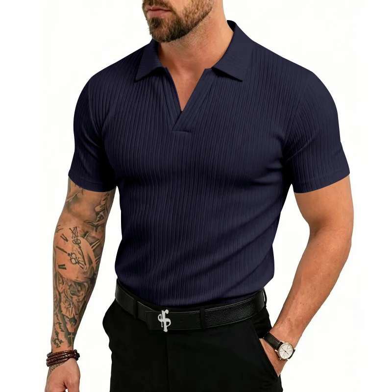 Herren 1-teiliges Gestricktes V-Ausschnitt Kurzarm Slim-Fit Atmungsaktives Eisseide Schnelltrocknendes Golf Business Casual Poloshirt – Detail 23