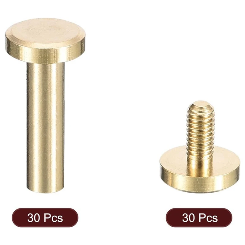 MYHOME 30Pack Brass Chicago Screws, Flat Head Screw Back Binding Post Nail Stud Rivets Fastener For DIY