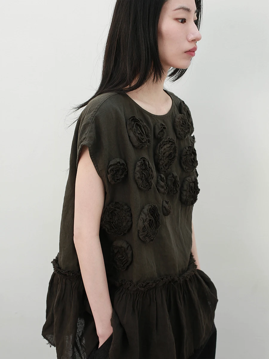 

Handmade High Densi Linen Doll irt Women's round Ne Svel Commute Sle Traditional Floral Pattern Early Spring