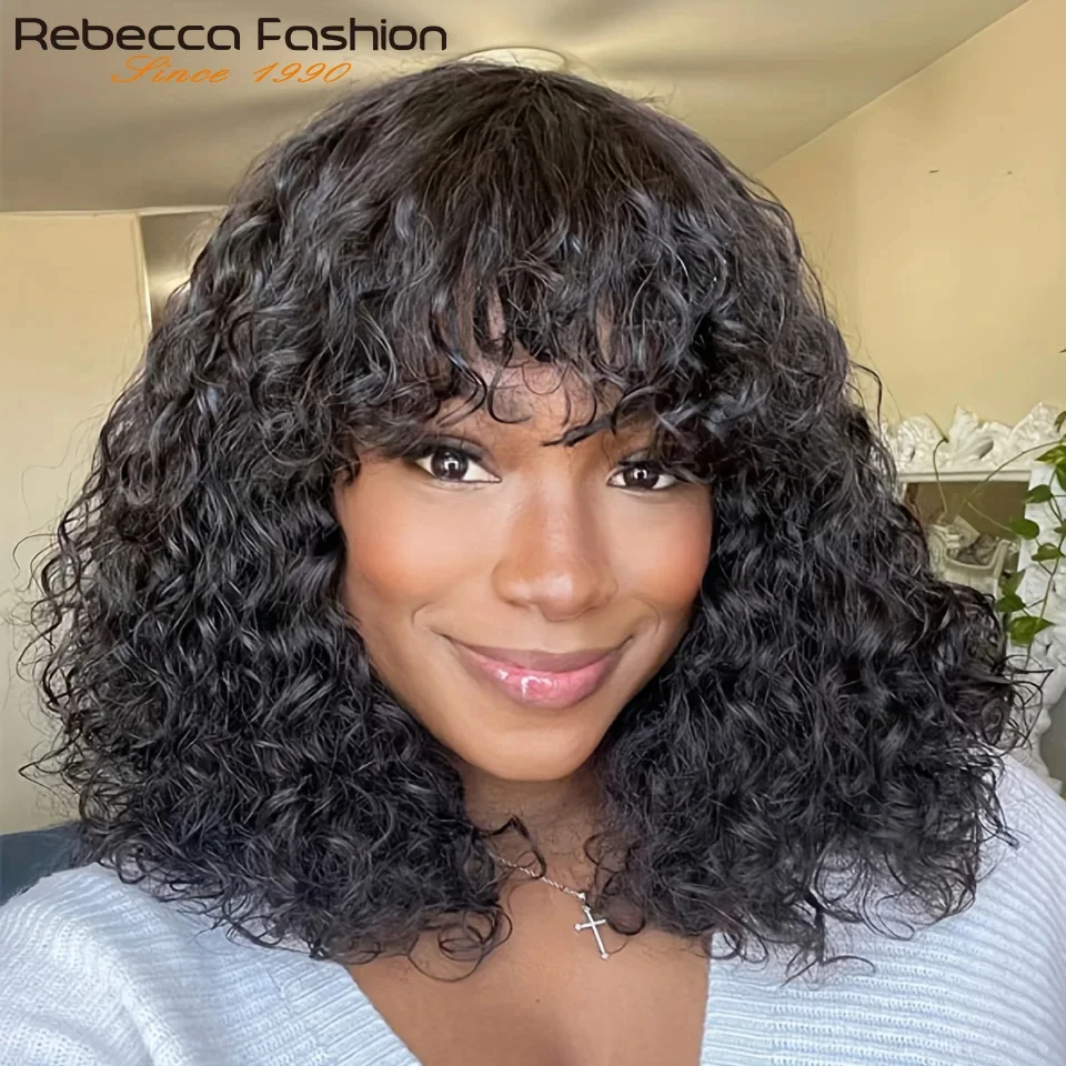 Jerry Curly Short Pixie Bob Cut Human Hair Wigs With Bangs Remy Curly Bob Wigs For Black Women Full Machine Made Wig QVR Hair