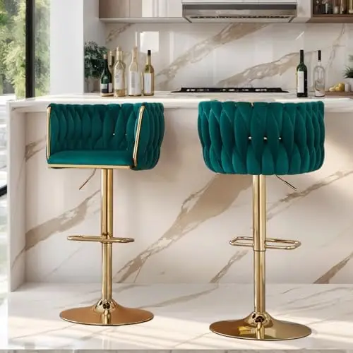 طقم كراسي بار مخملية خضراء مكونة من 4 قطع - كراسي دوارة قابلة للتعديل بأرجل ذهبية