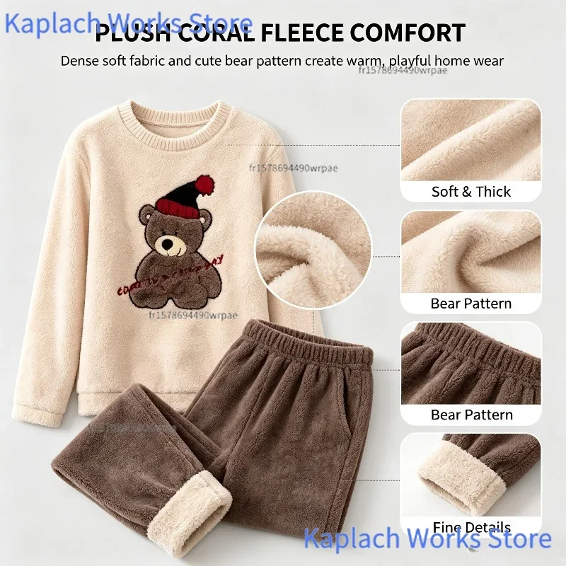 Pigiama da donna imbottito, caldo e spesso, taglie forti, 2 pezzi/set, in velluto corallo, top e pantaloni, con orsetto cartoon, abbigliamento da casa per autunno e inverno