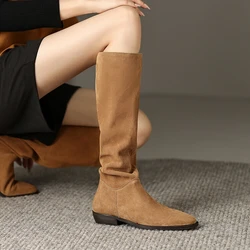 Autumn Women's Boots Cow Suede Leather Shoes for Women Square Toe Chunky Heel Black Boots Retro Long Boots Women Knee High Boots