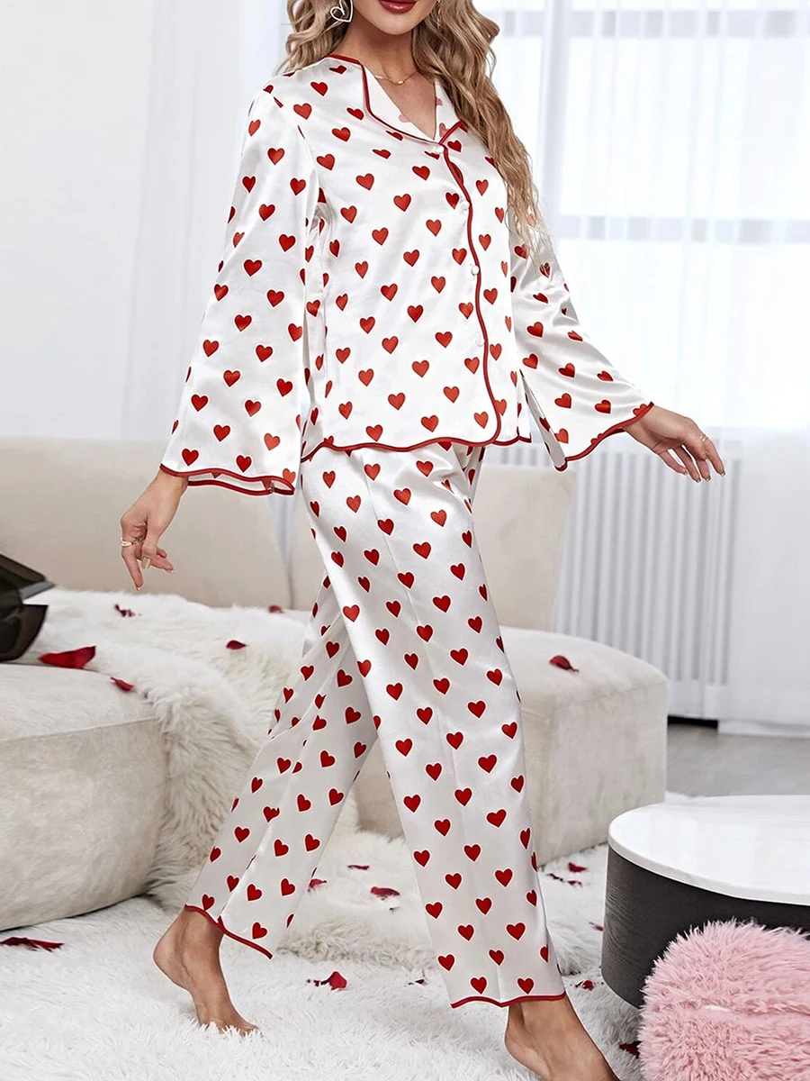 Cjfdfy Women s Satin Pajama Set 2 Piece Pjs Set Long Sleeve Lapel Neck Button Down Shirts Pants Soft Comfy Pj Lounge Sets