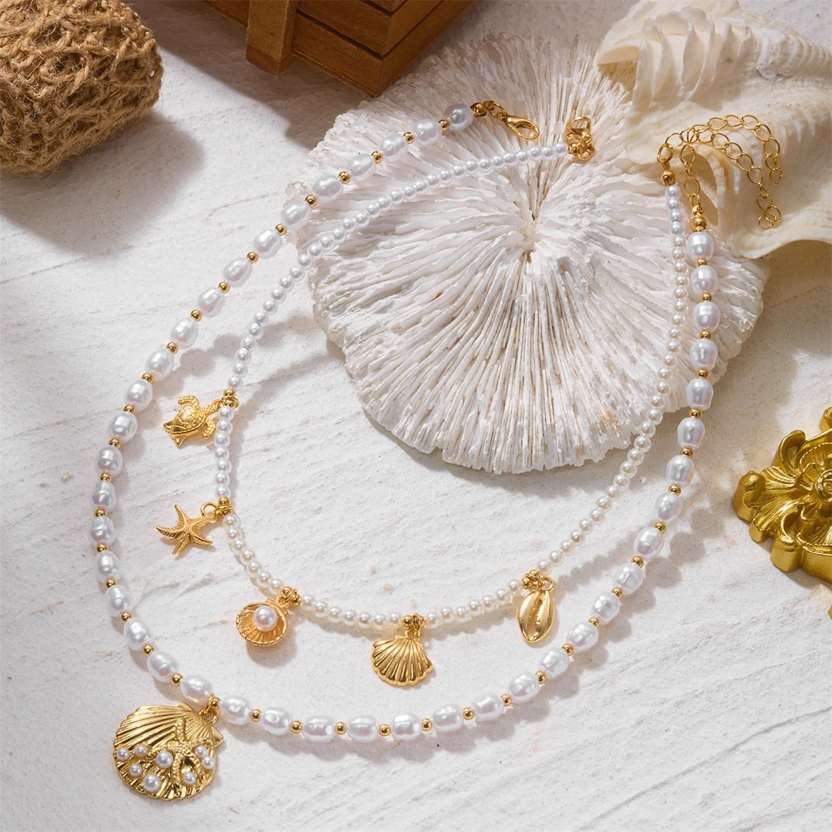 Boho Seestern Muschel Seepferdchen Hummer Anhänger Halskette für Damen und Herren, unregelmäßige Imitationsperle, Ozean-Strand-Choker-Schmuck – Detail 19