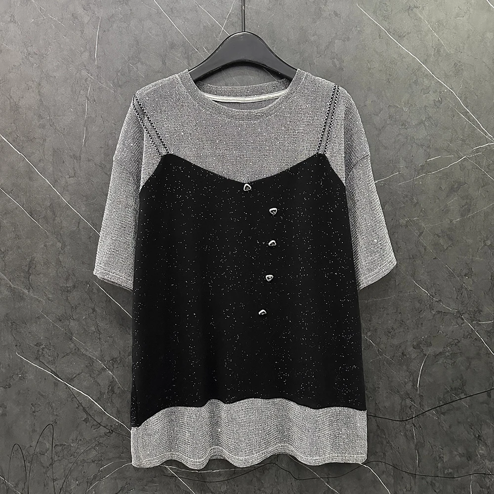 

Plus Size Splicing Hot Diamond Shining Short Sleve T-shirt for Women 2025 Summer New Design Loose and Fashionable Top