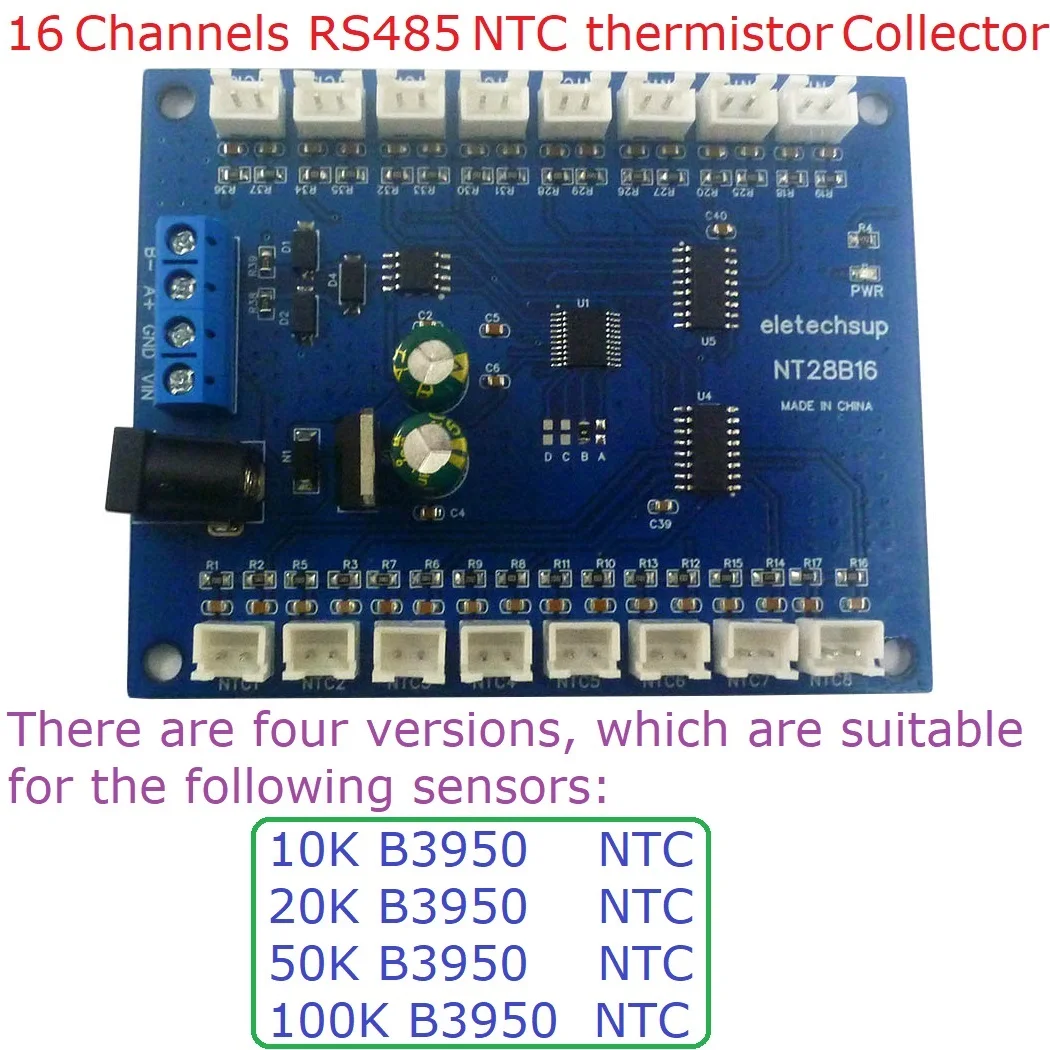 16Ch RS485 collettore di temperatura Modbus RTU registratore senza carta 10K/20K/50K/100K B3950 sensore NTC