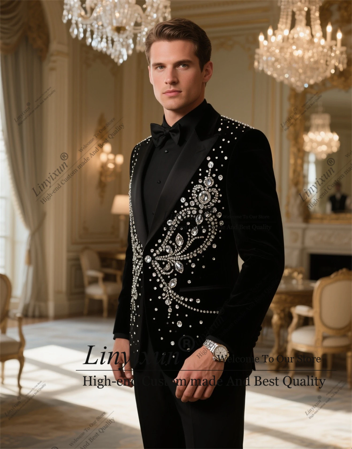 

Exquisite Diamond Beaded Crystal Men Suit Peaked Lapel Groom Tuxedo 2Pieces Shiny Male Prom Blazer Customized trajes para hombre