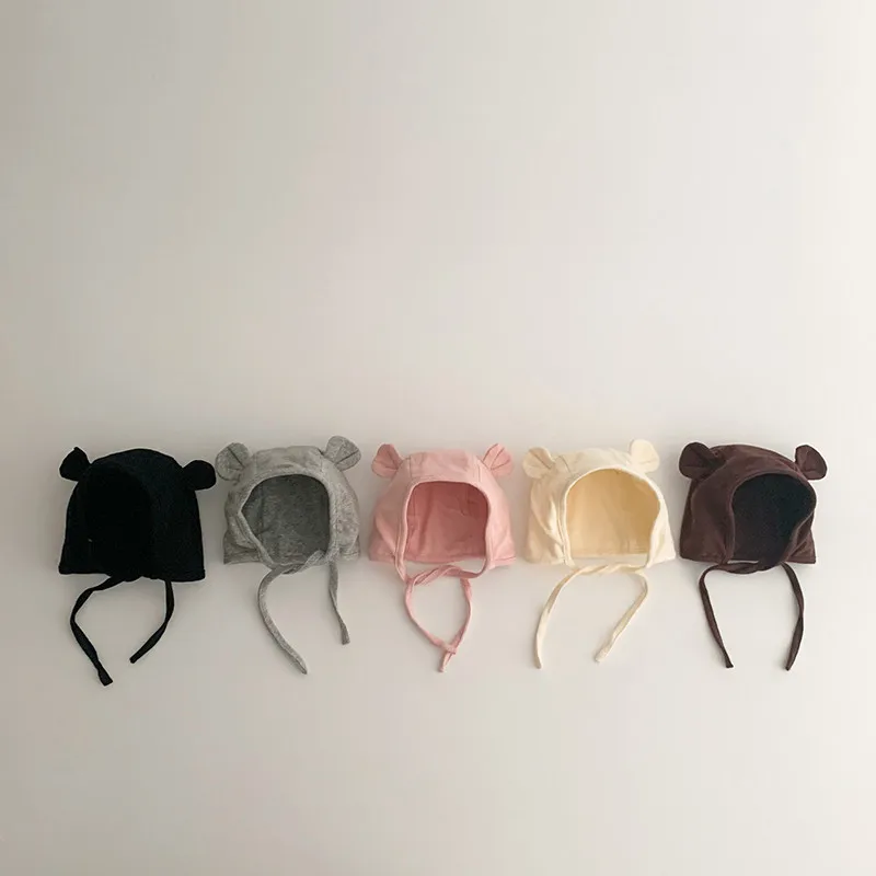 Cute Newborn Baby Girl Bear Ear Strappy Ear Protection Hat Infant Boy New Personality Solid All-match Thin Cotton Cap