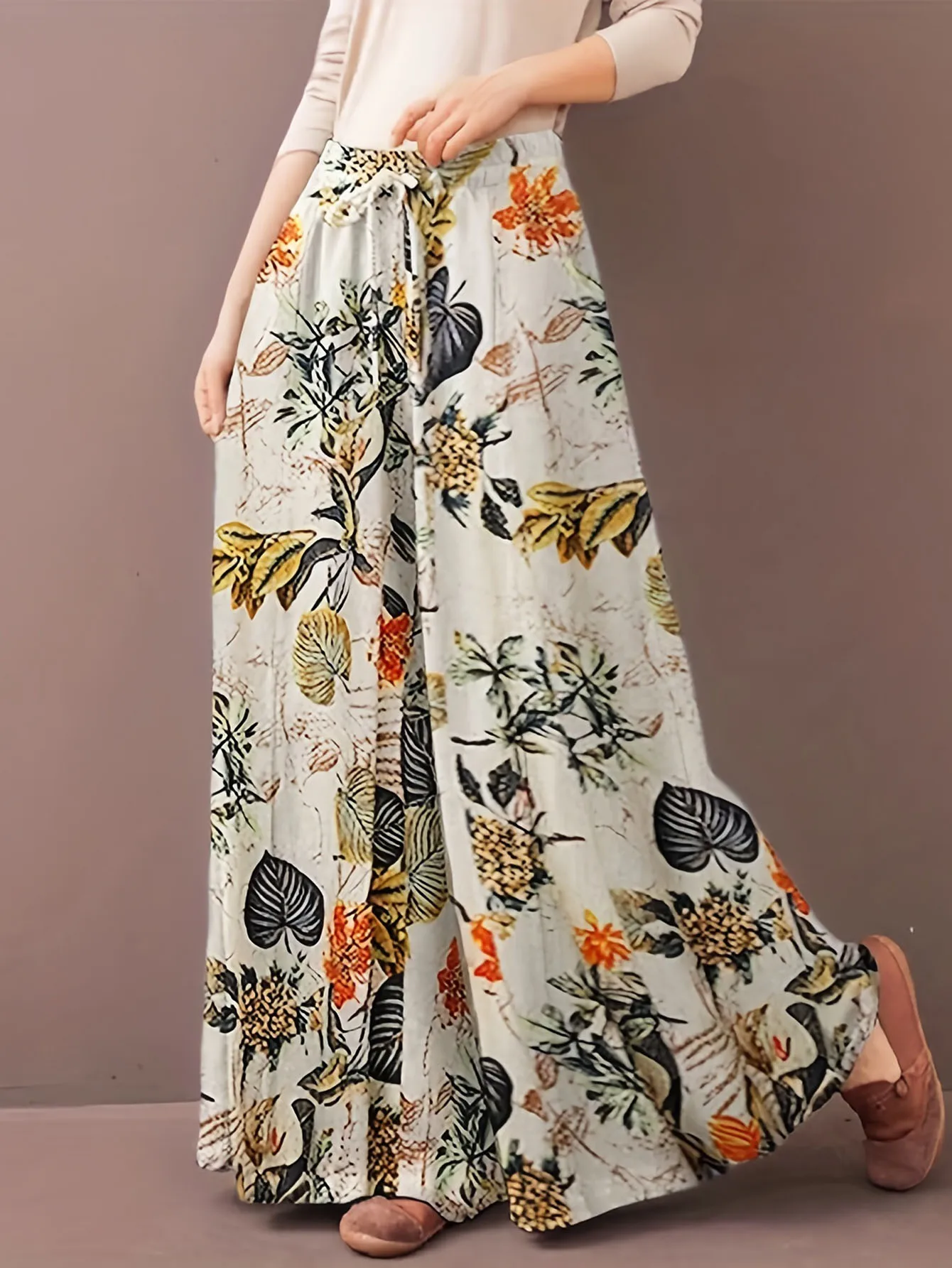 Plus Size Plant Print Spodnie z szerokimi nogawkami Casual Fake Drawstring Elastic Waist Pants Na Wiosnę i Jesień Odzież Damska Plus Size