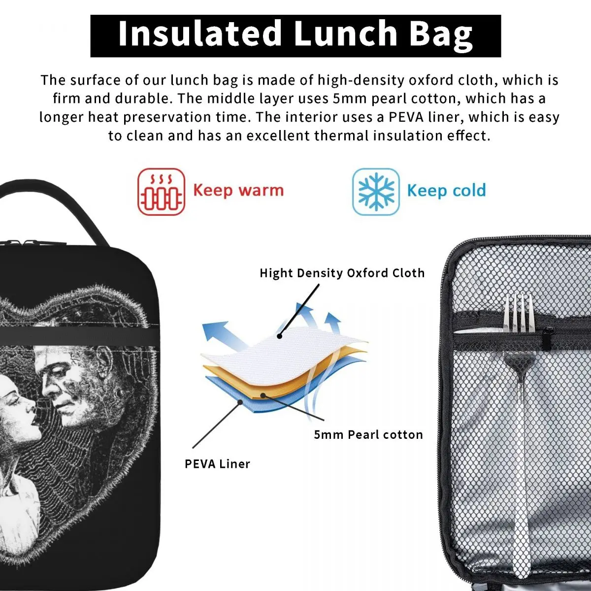 Bride Of Frankenstein Kiss Insulated Lunch Bag Leakproof Science Horror Film Cooler Thermal Lunch Box Kids School Children