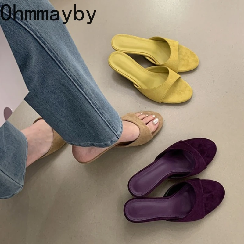 New Women Suede Slide Open Toe Slip On Beach Vacation Shoes Summer Casual Elegant Ladies Thin Heel Party Dress Slippers Shoes