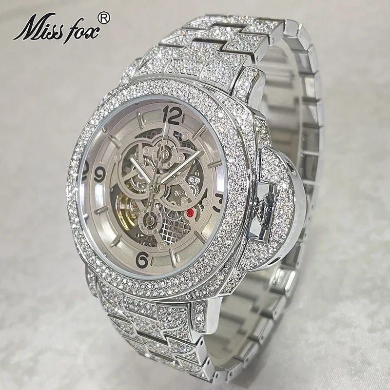 Hip Hop Brand MISSFOX Hollow Out Automatic Mechanical Men Watch Iced Out Diamond Fashion Wristwatch Luxury Waterproof Clock Gift