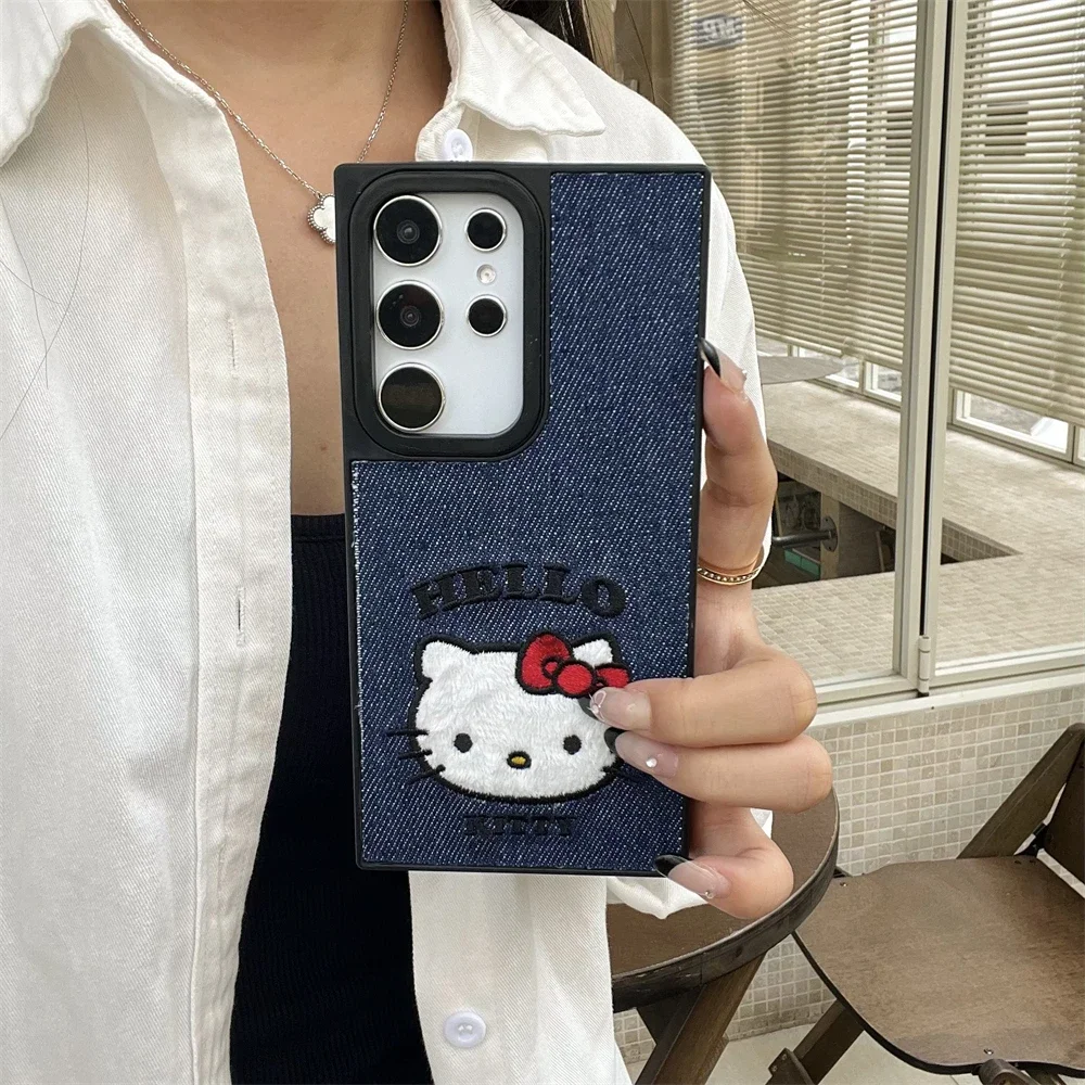 Cute Cartoon Sanrio Hello Kitty Denim Fabric Embroidery Phone Case For Samsung Galaxy S 24 23 Ultra Puls Leather Hard Cover