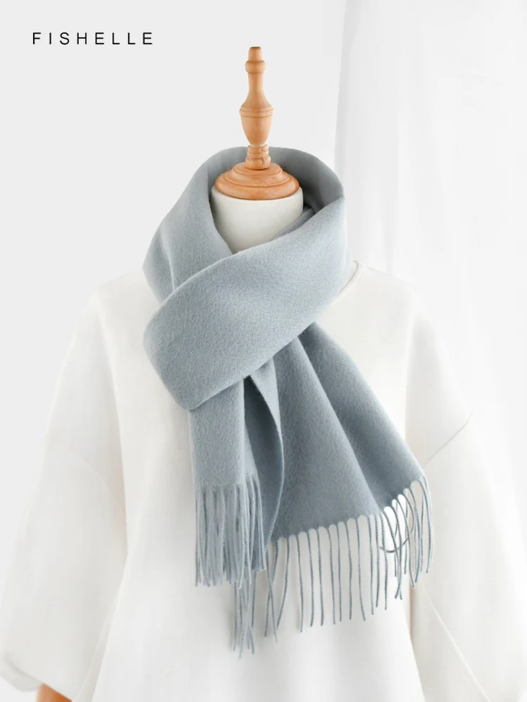 Simple solid grayish blue pure cashmere scarf for women warmth autumn winter tassels scarves adults luxury gifts for men