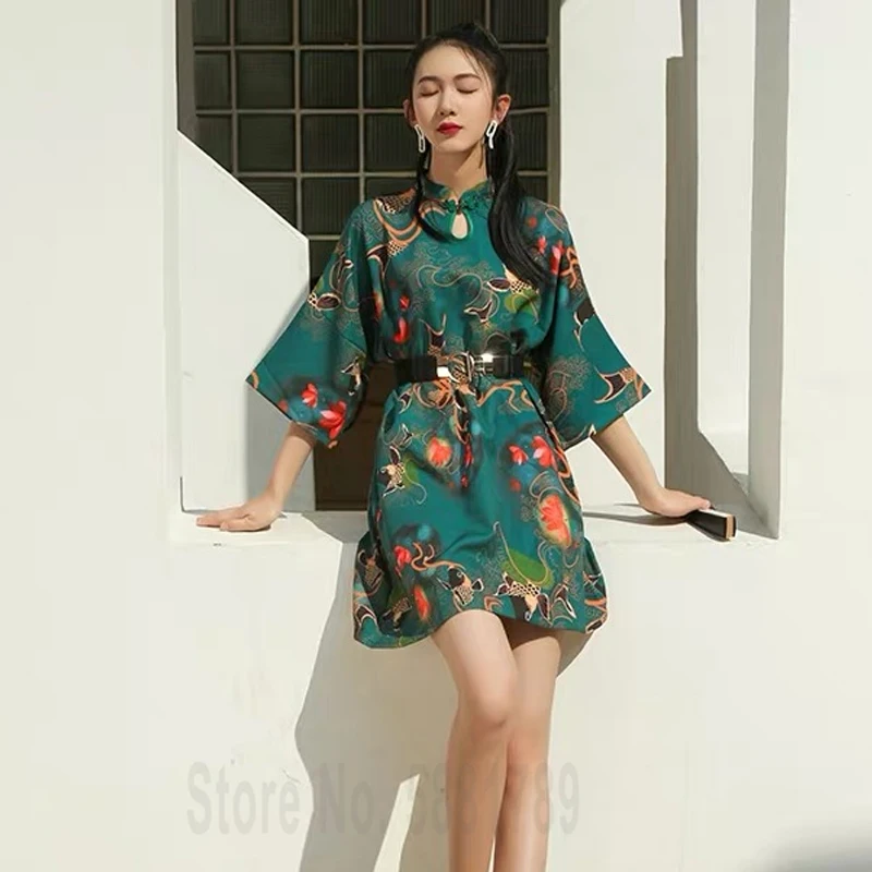 

Japanese Harajuku Style Vintage Vestidos Crane Printed Party Qipao Prom Dress Traditional Chinese Hanfu Women Retro Cheongsam