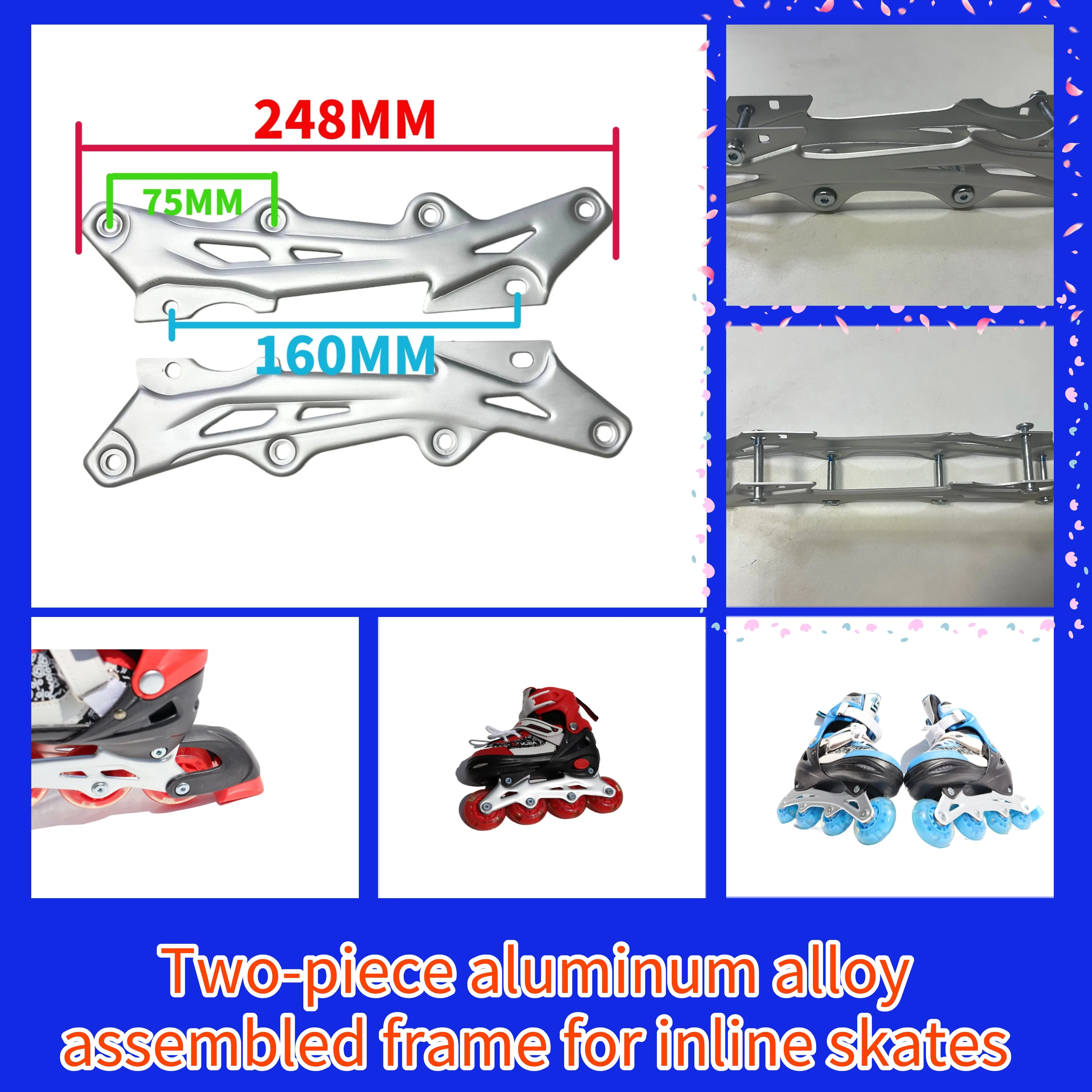 إطار من سبائك الألومنيوم من نوع شفرة التزلج المضمنة للأطفال، مسافة فتحة التركيب 160 مم و182 مم، يناسب العجلات أقل من 72/76 مم