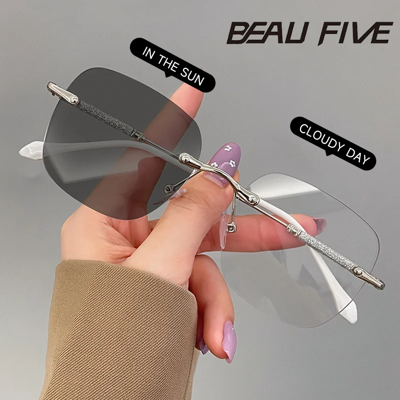 BEAU FIVE Photochromic Myopia Glasses for Women Frameless Anti-Blue Light Large Frame Slimming PureAnd Delicate Natural LookF101