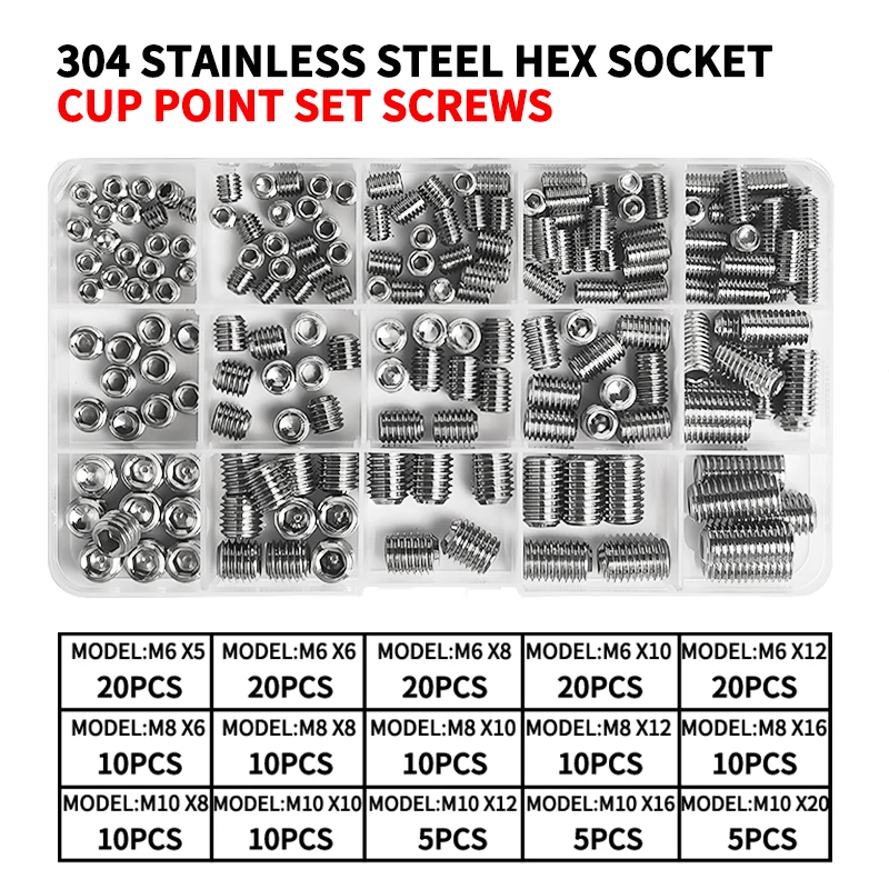 

304 Stainless Steel Cup Point Set Screws Kit, Hex Socket Allen Key Grub Screws Assortment , M3 M4 M5 M6 M8 M10 Sizes, DIN 916