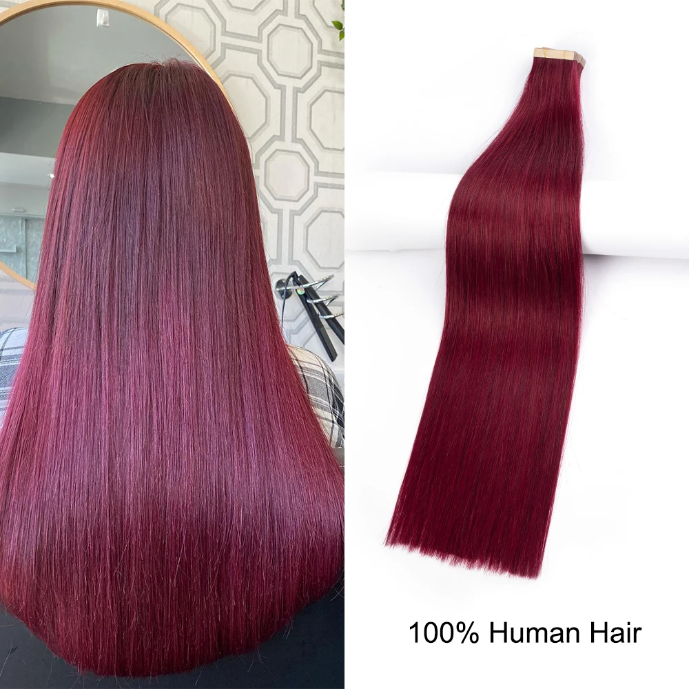 

ShowCoco Tape In Human Hair Extension 100% Human Hair Color 99J Thick Ends Double Drawn Straight Remy 14"-24" High Density