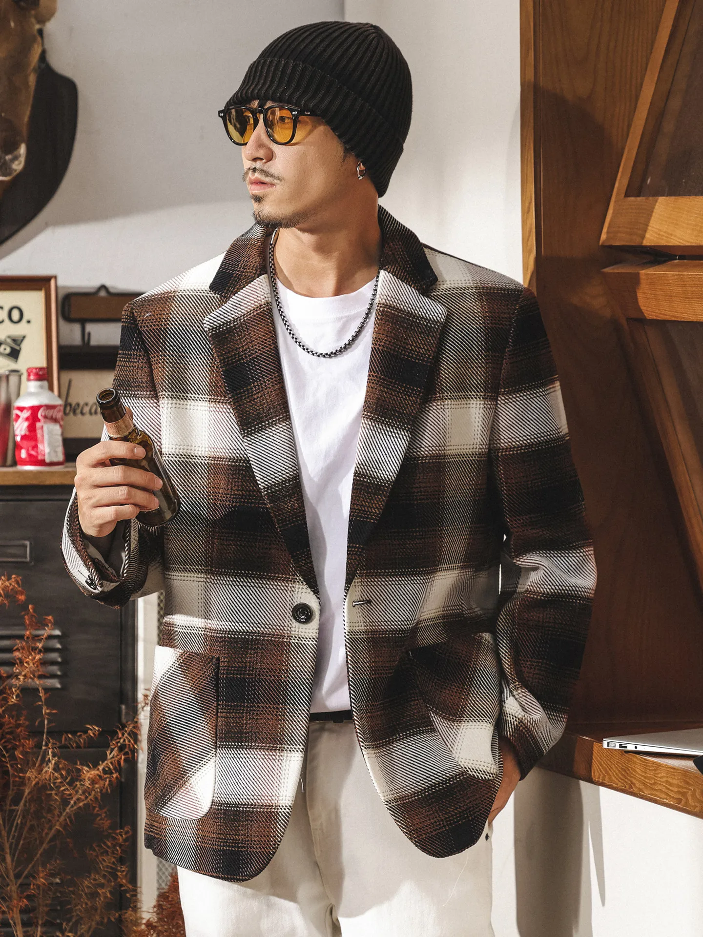 American Retro Yarn-Dyed Plaid Blazer Jacket for Men 2026 Autumn Winter Trendy Streetwear Commuter Casual Loose-Fit Suit Jacket
