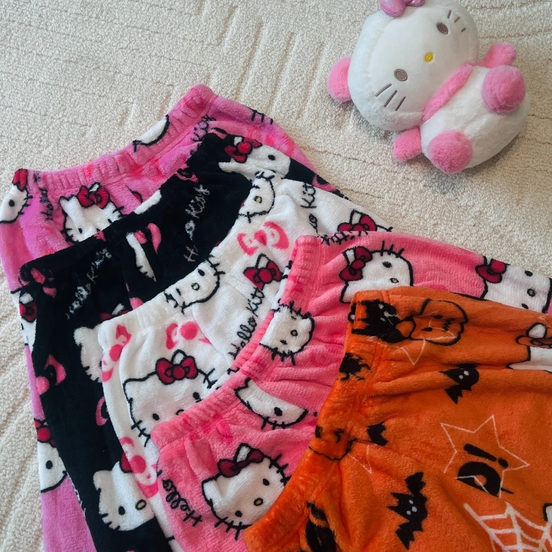 Sanrioes-pantalones de pijama de franela de Hello Kitty Kuromi para mujer, ropa de casa informal de lana, ropa de ocio, regalo de Navidad para niña