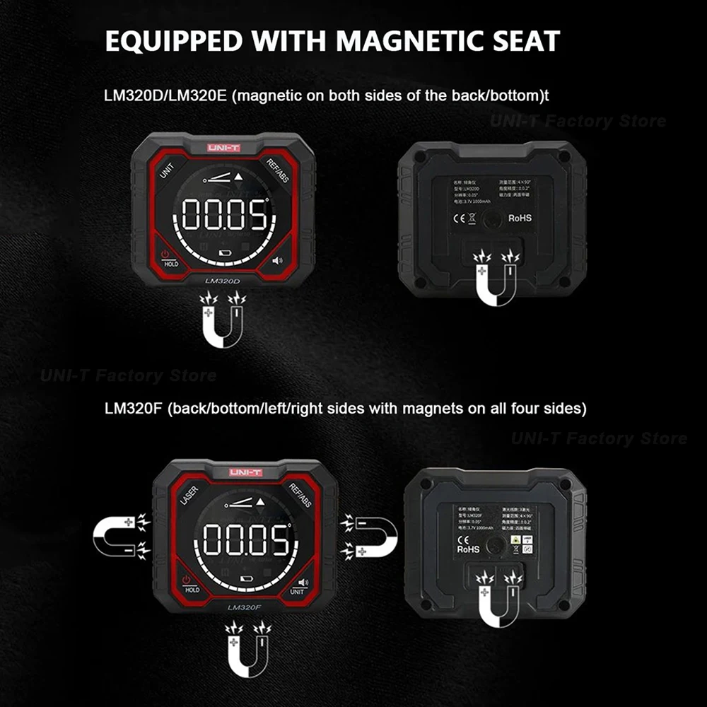 UNI-TLM320D LM320E LM320FInclinometer Digital Angel Meter with Relative Absolute Angle Measurement 4×90° Magnetic Inclinometer