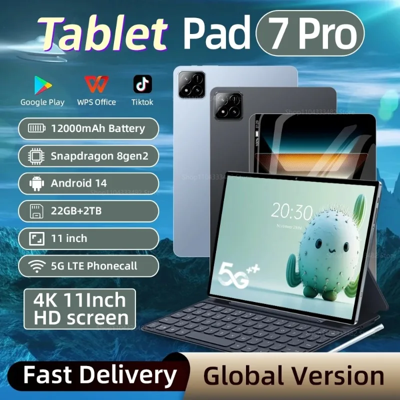 

Планшет 11 дюймов, 2025 год, новейший планшет Android 14, 7 PRO, 22 ГБ, 2 ТБ, планшеты, модель 5G Wi-Fi, 20000 мАч, большой экран, Bluetooth GPS