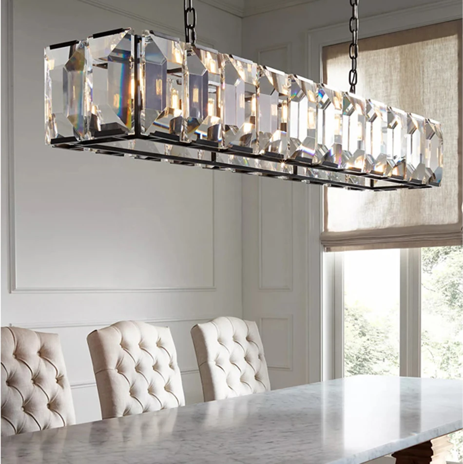 

Современная ретро светодиодная черная хрустальная прямоугольная люстра для столовой, кухни, острова, декоративное освещение, лампа